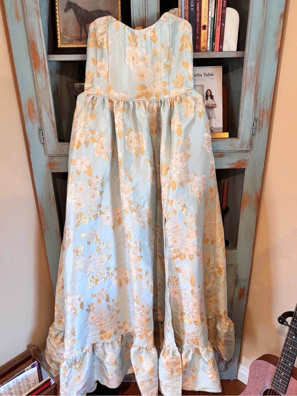 Strapless Light Blue & Gold Floral Sweetheart Maxi Dress - Picture 15 of 16